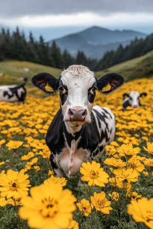 A Serene Pastoral Scene Cows Grazing in a Vibrant Flower Field Under a Clear Blue Skyの素材