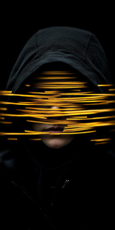 Mysterious Woman with Golden Stripe Veil in Shadows, Artistic and Enigmatic Studio Settingの素材