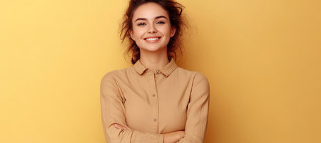 Joyful Young Woman Smiling in a Beige Shirt Against a Bright Background, Capturing Happinessの素材