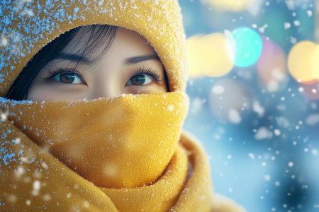 Cozy Winter Embrace A Woman in a Bright Yellow Hat and Scarf, Lost in Thought Amidst Snowfallの素材