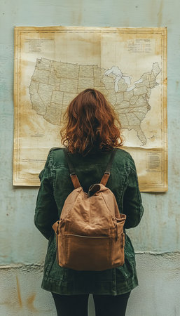 Exploring the United States A Woman with a Backpack Maps Out Her Journey Across Diverse Statesの素材