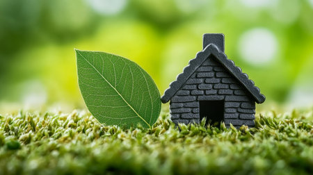 Miniature Eco Home with Leaf on Green Grass Represents Sustainable Living and Eco Friendly Designの素材