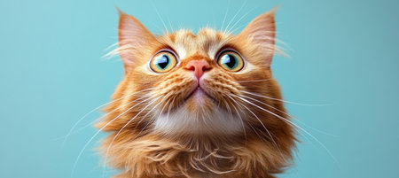 Adorable Ginger Longhair Cat with Wide Eyes and Furry Nostrils Against a Soft Pastel Blue Backgroundの素材