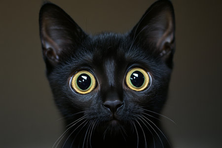 Mesmerizing Black Kitten with Bright Eyes Gazing Intently at the Camera on a Soft Gray Backgroundの素材