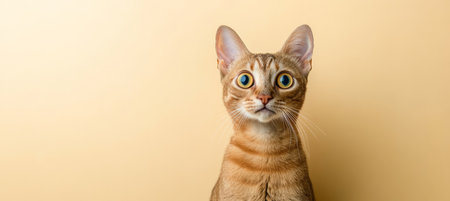 Graceful gaze of a sweet and elegant cat with sparkling eyes resting in a serene beige setting.の素材