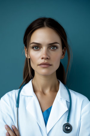 Confident Female Doctor in Professional Portrait, Authentic Expression, in Modern Healthcare Settingの素材