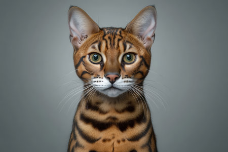 Stunning Portrait of a Bengal Cat with Unique Striking Markings and Captivating Expression in Focusの素材