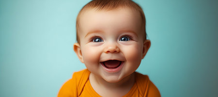 Adorable baby gazing upward with joy in a bright studio, radiating pure happiness and wonder.の素材