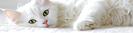 Stunning Turkish Angora Cat Portrait Featuring Beautiful Green Eyes and Luxurious White Fur on Whiteの素材