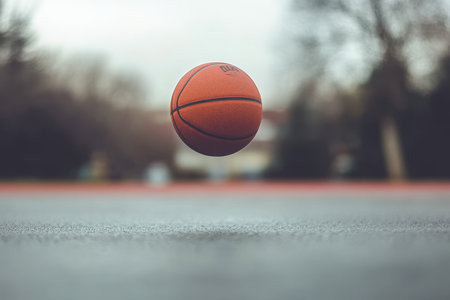 Dynamic Basketball Player Performing Impressive Trick Shot While Levitating Over Outdoor Courtの素材