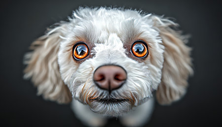 Adorable Close-Up of a Fluffy Bichon Frise Puppy with Expressive Eyes on a Soft Gray Backgroundの素材