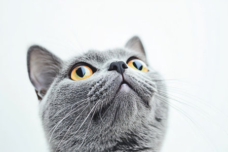 Stunning Cat Portrait of British Shorthair with Golden Eyes and Fluffy Gray Fur, Captivating Gazeの素材