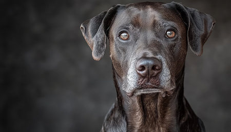 Charming Portrait of an Adorable Doberman with Soulful Eyes on a Clean Gray Backgroundの素材