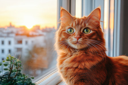 Adorable Fluffy Cat with Amber Toned Coat and Captivating Eyes Gazing from a Cozy Window Sceneの素材