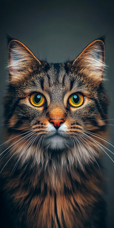 Stunning Portrait of a Norwegian Forest Cat with Striking Fur and Expressive Eyes in Grey Settingの素材