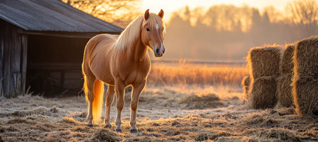 Majestic Haflinger Horse Grazing Peacefully on a Beautiful Countryside Farm at Sunsetの素材