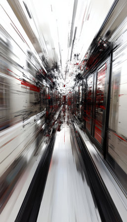 Abstract Dynamic Modern Art Angular Shapes Bursting from a Tunnel into a Lighted Hallway Illusionの素材