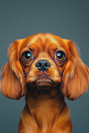 Adorable Cocker Spaniel Dog with Soft Eyes and Shiny Coat Posing Gracefully Against Gray Backgroundの素材
