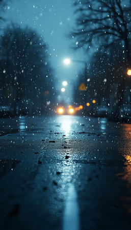 Serene Evening Snowfall on City Street, Reflecting Dim Road Lights in a Moody Winter Night Sceneの素材