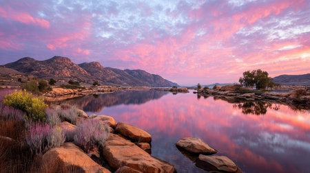 Stunning Sunrise Over Calm Scottish Lake, Reflecting Vivid Colors on Still Waters, Nature s Peaceの素材