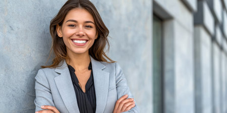 Confident young Latina professional smiles for career advertisement near city building outdoorsの素材