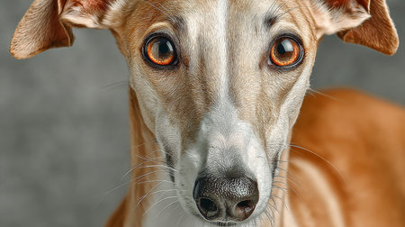 Graceful Greyhound Dog Portrait with Intense Expressions on a Soft, Minimalistic Gray Backgroundの素材