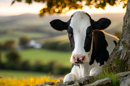 Black and White Cow Resting Peacefully in Golden Sunshine in Beautiful Rural Landscape Viewの素材