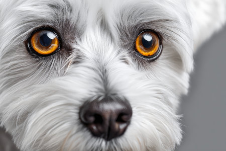 Adorable Maltese Dog Portrait with Captivating Gaze on Gentle Gray Background, Showcasing Traitsの素材