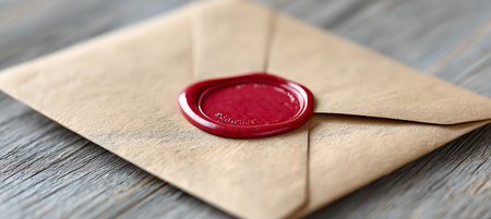 Elegant Rustic Brown Envelope with Genuine Dark Red Sealing Wax on Wooden Deck - Classic Craft Styleの素材
