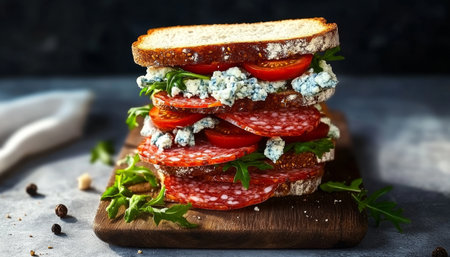 Gourmet Salami Sandwich with Fresh Arugula, Juicy Tomato, and Rustic Bread on Wooden Plateの素材