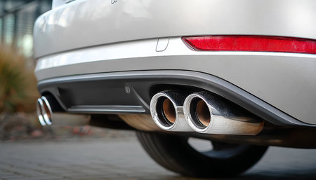 Close-Up of Automobile Exhaust Outlet System on Gray Car Highlighting Design and Craftsmanshipの素材