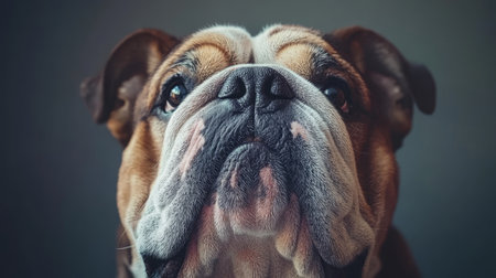 Magnificent bulldog with expressive eyes in a cozy dark portrait for animal-friendly design use.の素材