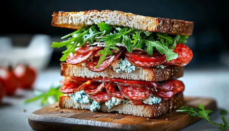 Gourmet Salami and Blue Cheese Sandwich with Fresh Arugula and Juicy Tomatoes on Toasted Breadの素材