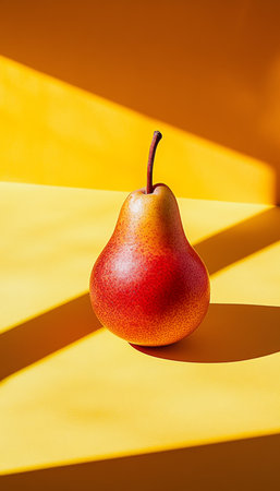 Vibrant Isolated Pear with Bright Red and Yellow Colors on a Yellow Background, Ideal for Marketingの素材