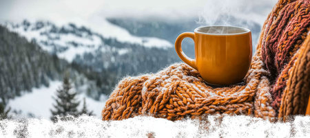 Cozy winter scene with steaming coffee mug on knitted scarf, snowy mountain landscape in backgroundの素材