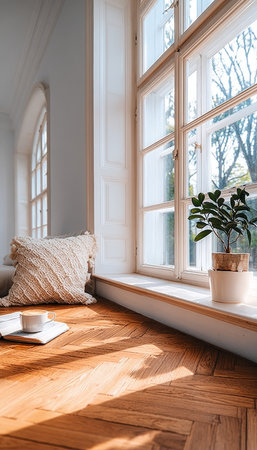 Cozy Sunlit Reading Nook with Scenic View, Perfect for Relaxation and Morning Inspiration Momentsの素材