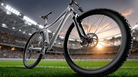 Shiny mountain bicycle on display in a stadium, showcasing the spirit of outdoor cycling sports.の素材