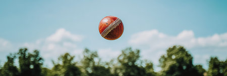 A stunning cricket ball gracefully soaring through a clear blue sky above a vibrant green outfieldの素材