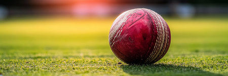 An old cricket ball with visible stitches rests on the field, awaiting the next exciting match.の素材