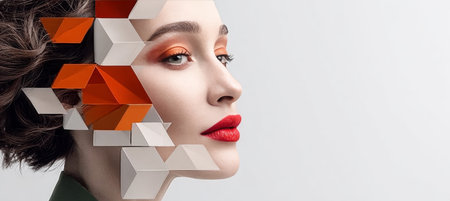 Glamorous Geometric Woman with Futuristic Look, Bold Red Lips, and Artistic Abstract Design Elementsの素材