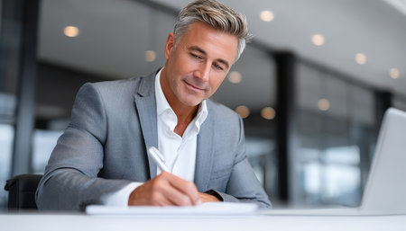 Smart Professional Finance Executive Strategizing Innovative Ventures in Formal Workplace Attireの素材