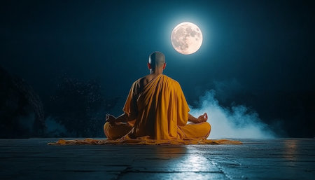 Orange Robed Monk Deep in Meditation Under a Bright Moonlit Sky, Embracing Spiritual Contemplationの素材