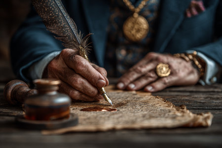 Crafting a Historical Scene with Quills and Ink on Antique Paper, Showcasing the Art of Writingの素材