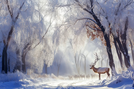 Majestic Stag Guarding a Winter Scene Surrounded by Snowy Trees in a Hushed Wonderlandの素材