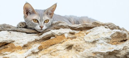 Charming domestic cat lounging serenely on sunlit rocks, gazing attentively at its surroundings.の素材