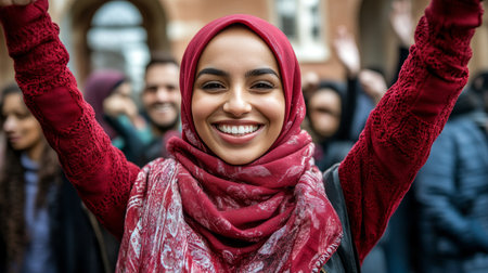 Empowered woman smiling triumphantly with supporters, showcasing diversity and enthusiasm together.の素材