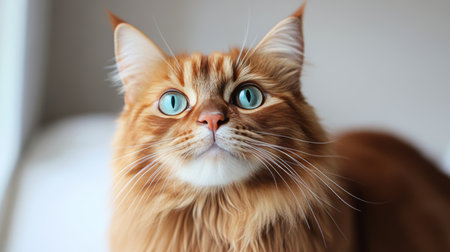 Ginger Somali Cat Captivatingly Gazing Upwards with Striking Blue Eyes and Gentle Demeanorの素材
