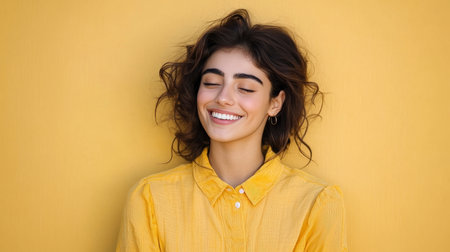 Enchanting Elegance A Captivating Brunette Embracing Serenity Against a Warm Yellow Wallの素材