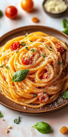 A Beautifully Plated Dish of Spaghetti Topped with Fresh Tomato Sauce and Basil Garnishの素材