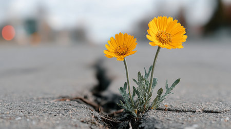 Resilience in Urban Environments Bright Yellow Wildflowers Flourishing Through Cracks in Asphaltの素材